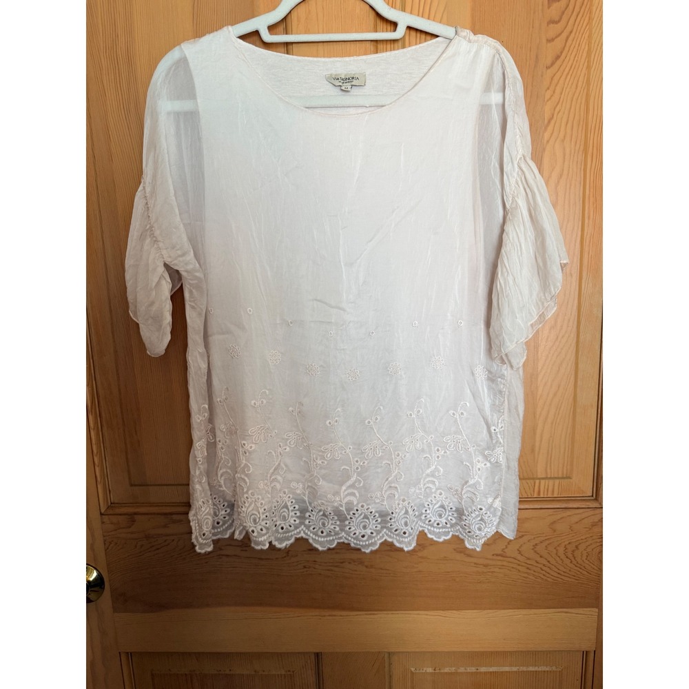 Via Signoria Silk Blouse M Pink Embroidered Eyelet Layered Made in Italy Fairy